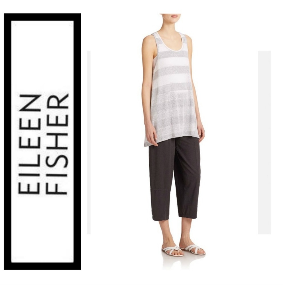 Eileen Fisher Organic Linen Tank LG Gray White Stripes Good for Summer NWT $158